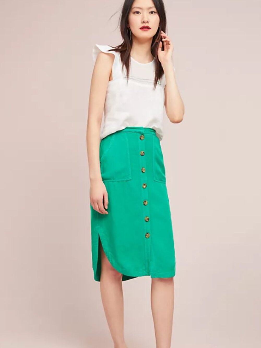 Anthropologie Postmark Button Down Midi Skirt Size 0 Green Elastic Waist